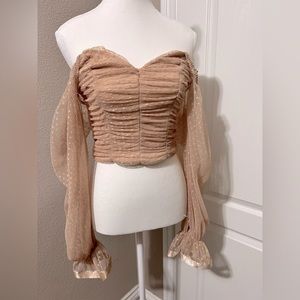 Small. Sheer. Crop Top. Blouse. Bell Sleeve. Hearts. Beige.